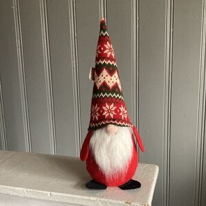NWT-14” Red Christmas Holiday Gnome Decorstion w/ Red, Cream & Green Sweater Hat